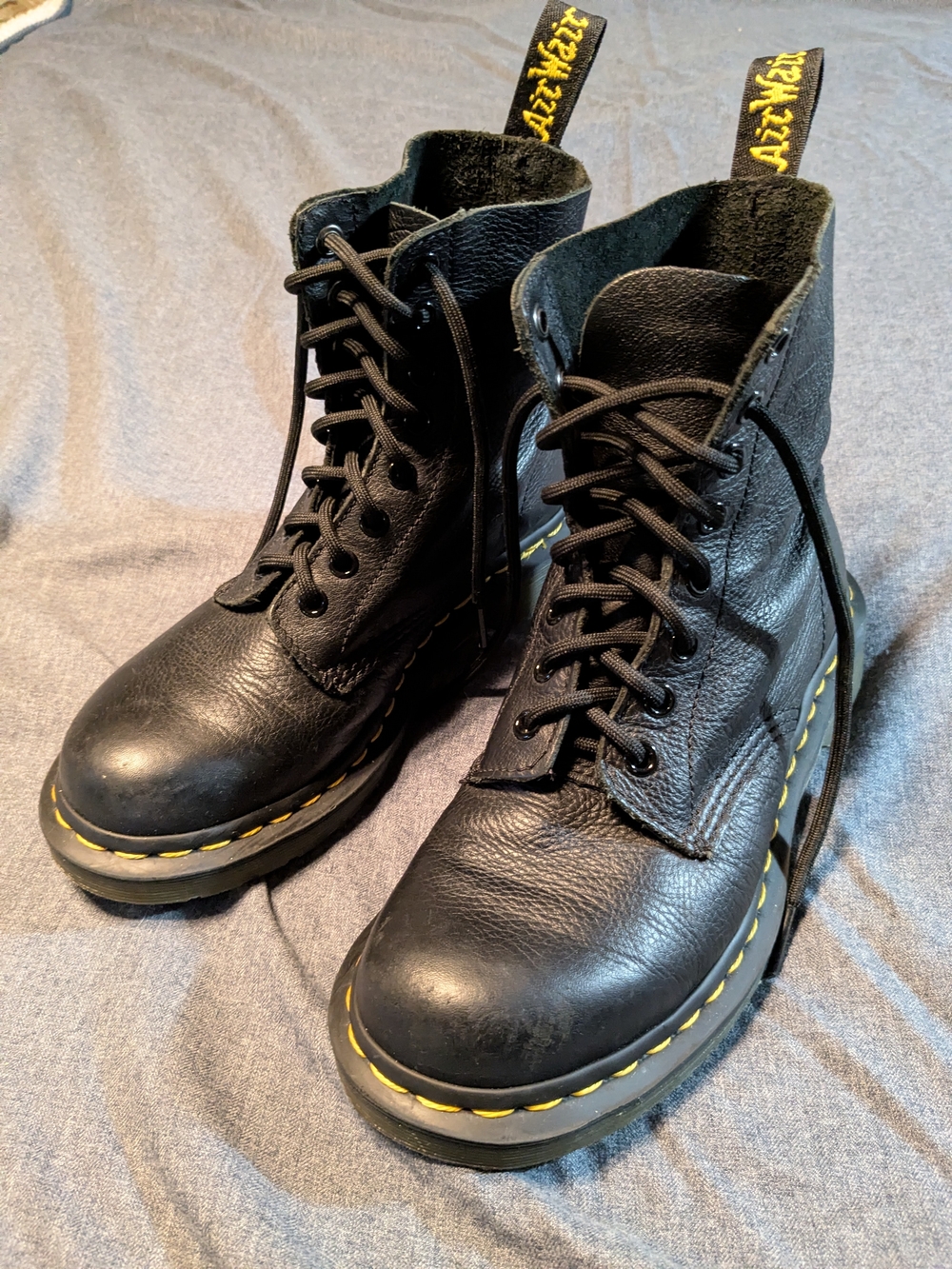 Dr. Martens Women's Black Leather Lace-Up Combat Boots w/ Yellow Stitching. 6